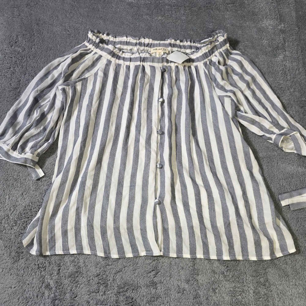Faith and Joy Womens 2X Blouse Blue White Striped Off Shoulder Metallic Button